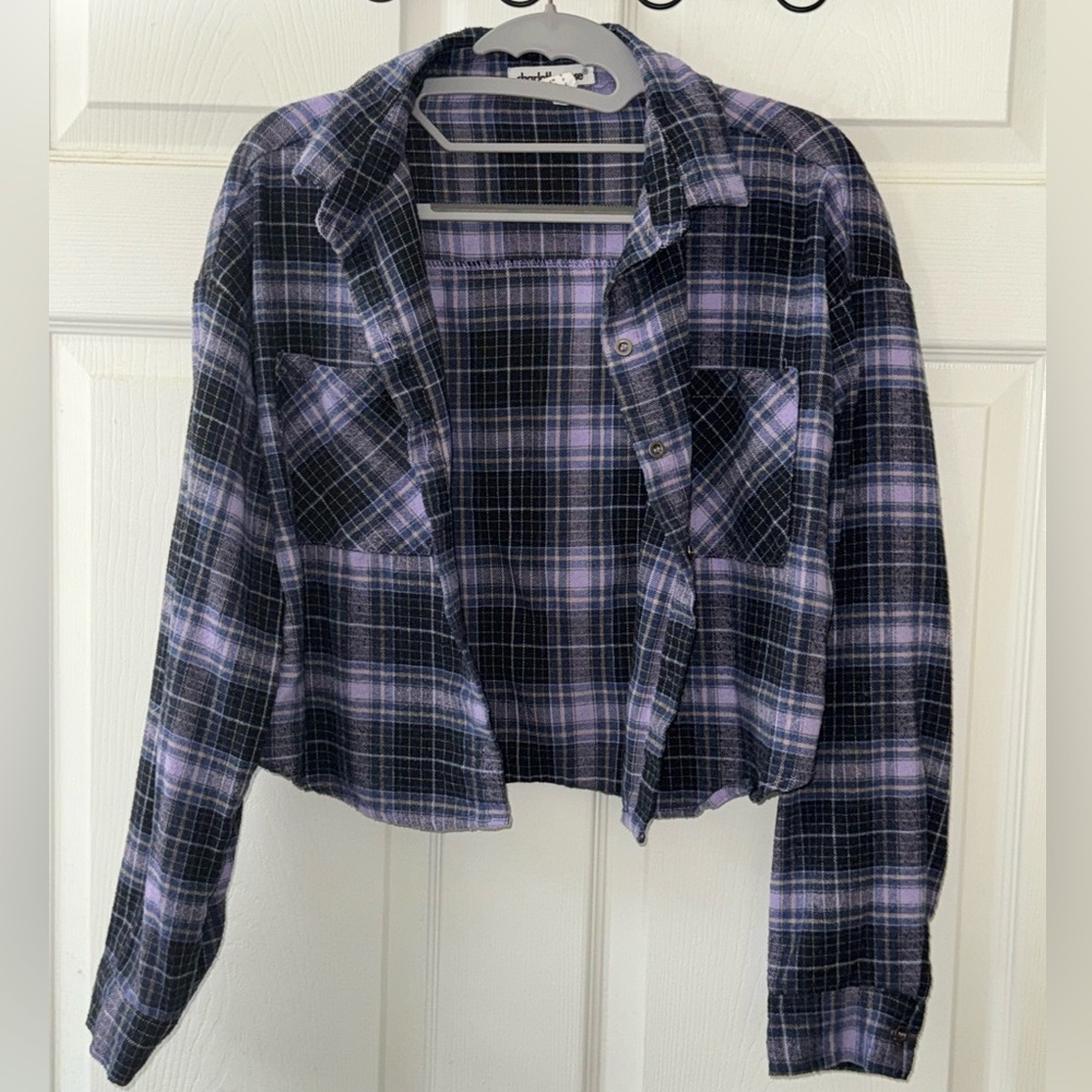 Crop Plaid Flannel Shirt in Black and Purple